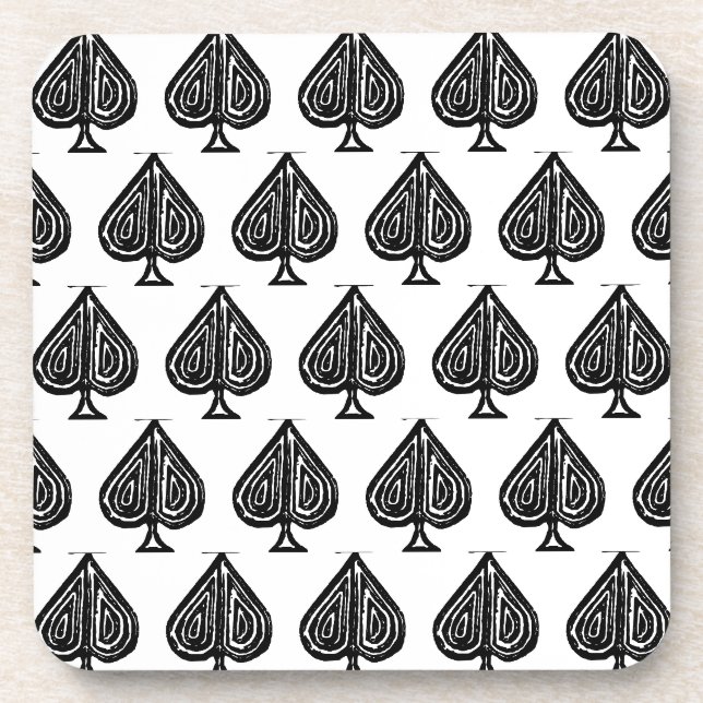 Black Playing Card Symbol Spades Shape Lino Cut Coaster (Front)