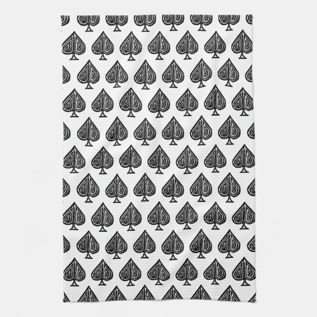 Black Playing Card Symbol Spades Shape Lino Cut Kitchen Towel (Vertical)