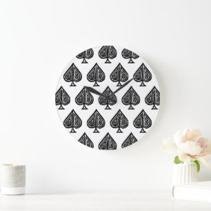 Black Playing Card Symbol Spades Shape Lino Cut Large Clock