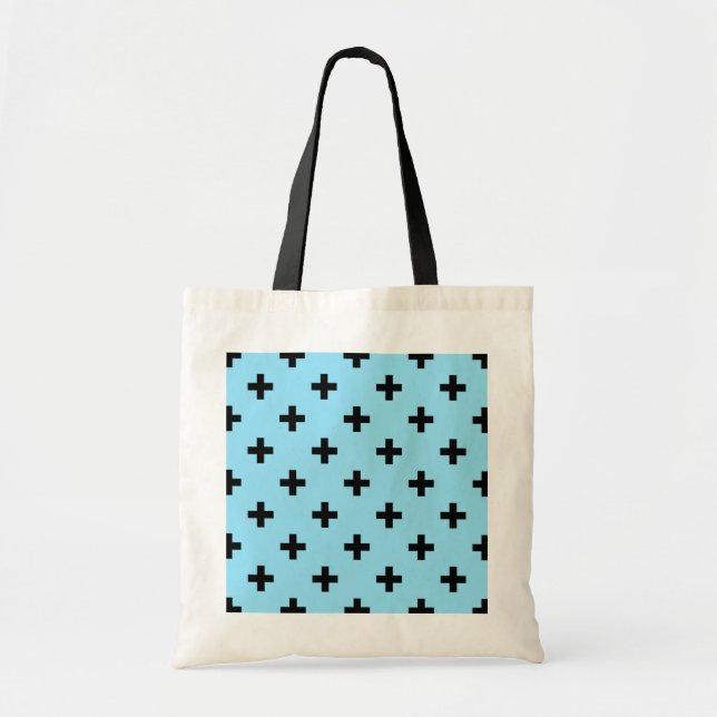 Black polka crosses on baby blue tote bag (Front)