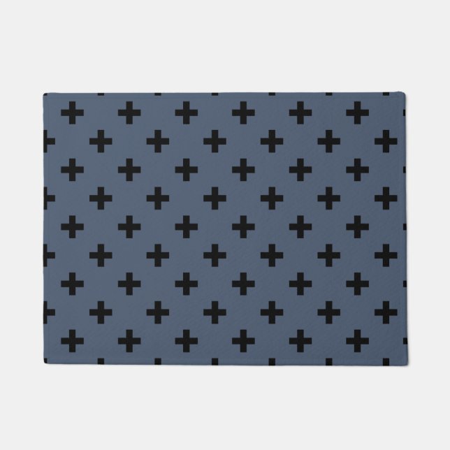 Black polka crosses on blue-grey doormat (Front)