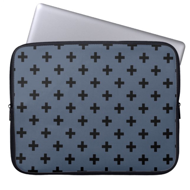 Black polka crosses on blue-grey laptop sleeve (Front)