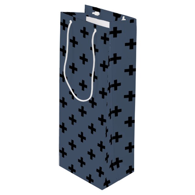 Black polka crosses on blue-grey wine gift bag (Front Angled)