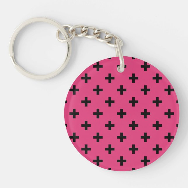 Black polka crosses on fuchsia keychain (Front)