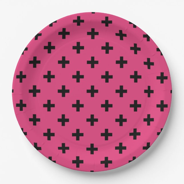 Black polka crosses on fuchsia paper plate (Front)