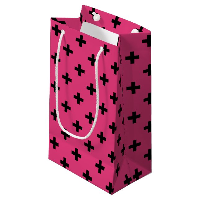 Black polka crosses on fuchsia small gift bag (Front Angled)