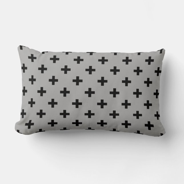 Black polka crosses on grey lumbar pillow (Front)