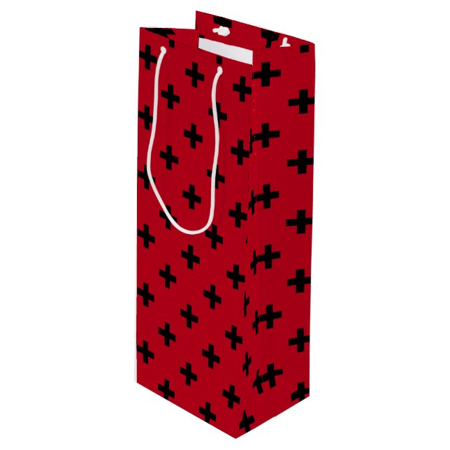 Black polka crosses on red wine gift bag (Front Angled)