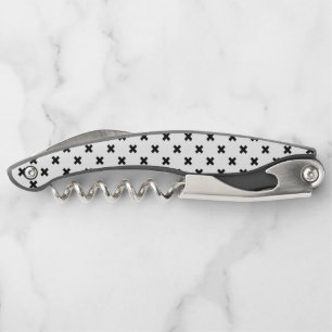 Black polka crosses on white corkscrew