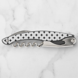 Black polka crosses on white corkscrew