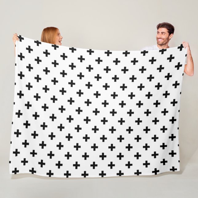 Black polka crosses on white fleece blanket (In Situ)