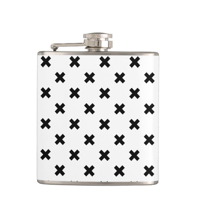 Black polka crosses on white hip flask (Front)