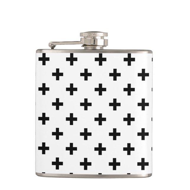 Black polka crosses on white hip flask (Front)
