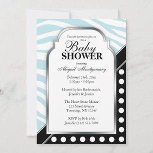 Black Polka Dot Blue Zebra Print Baby Shower Invitation
