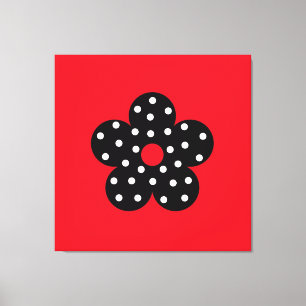 Black Polka Dot Flower on Red Background Canvas Print
