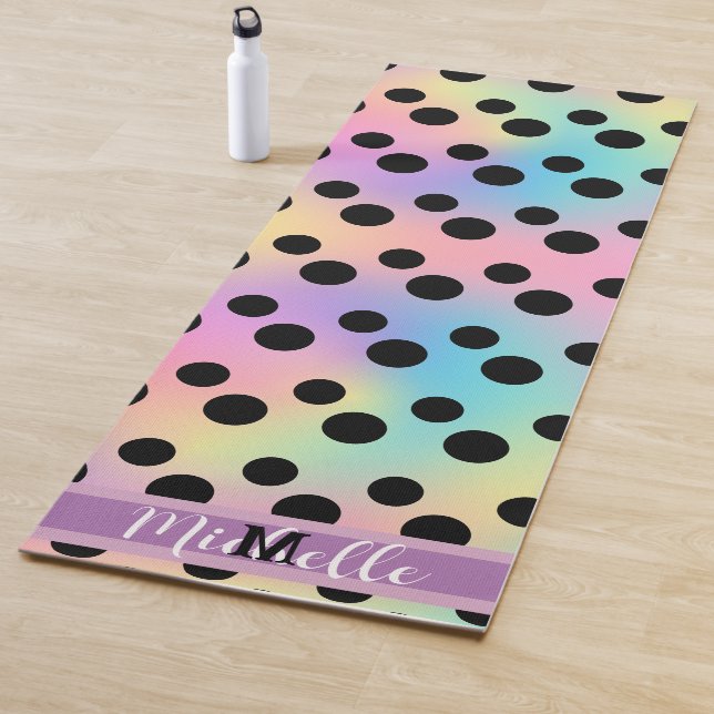 Black polka dot Gradient rainbow custom Monogram Yoga Mat (In Situ)