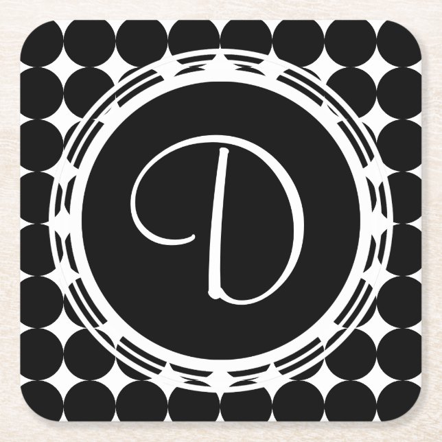 Black Polka Dot Monogram Square Paper Coaster (Front)