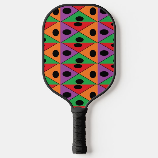Black polka dot on colourful shapes pickleball paddle (Front)