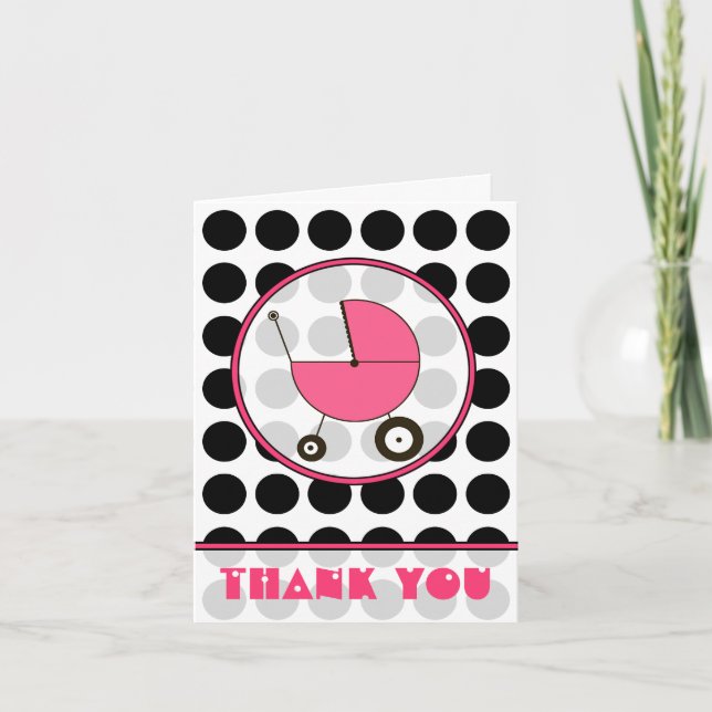 Black Polka Dot / Pink Baby Carriage Thank You (Front)