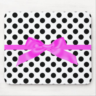 BLACK POLKA DOT PINK BOW MOUSE PAD