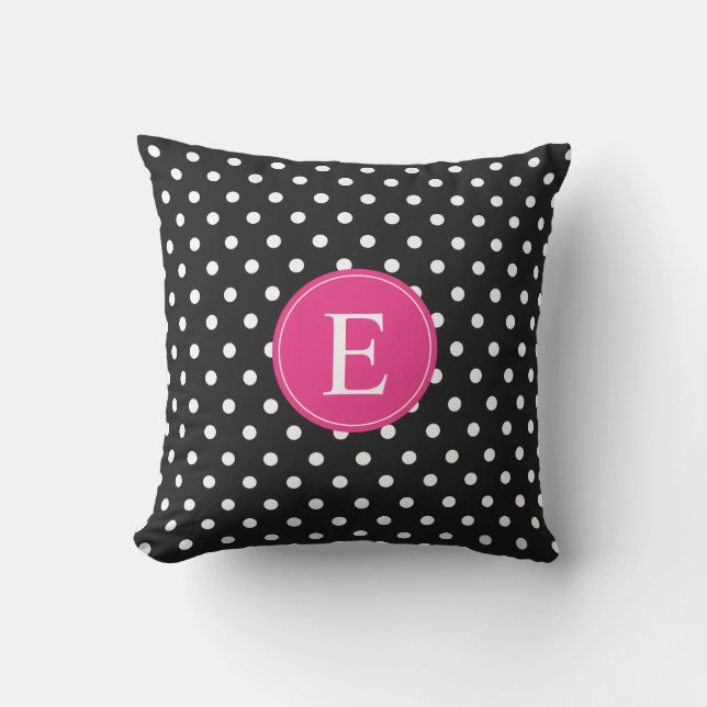 Black Polka Dot Pink Monogram Outdoor Pillow (Front)