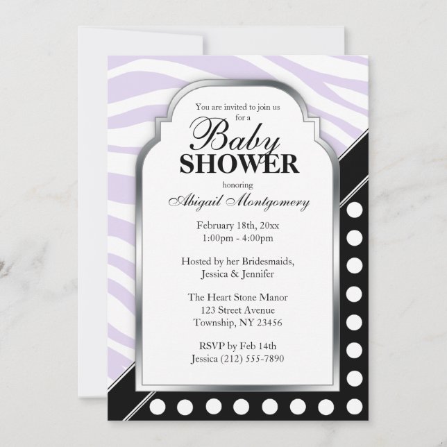 Black Polka Dot Purple Zebra Print Baby Shower Invitation (Front)