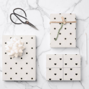 Black Polka Dot Stars & Hearts on White Wrapping Paper Sheet