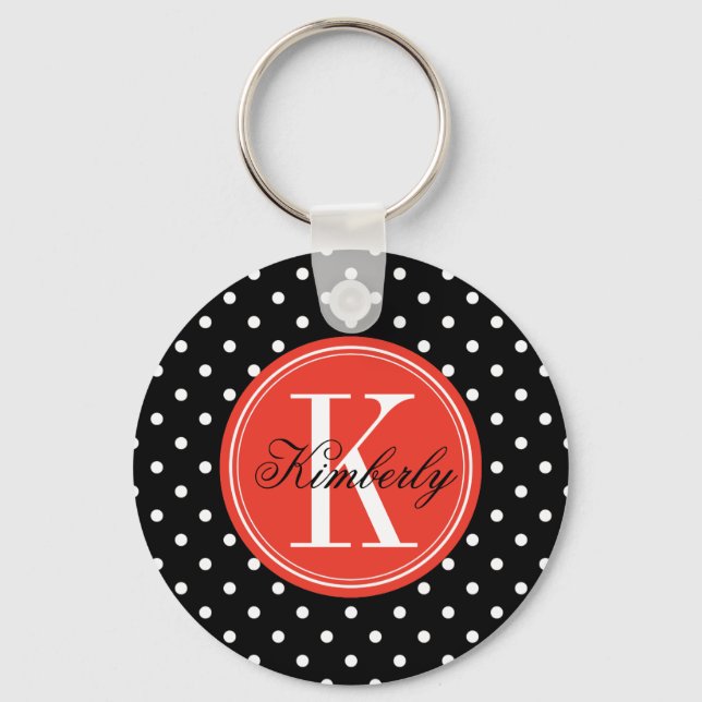 Black Polka Dot with Orange Monogram Keychain (Front)