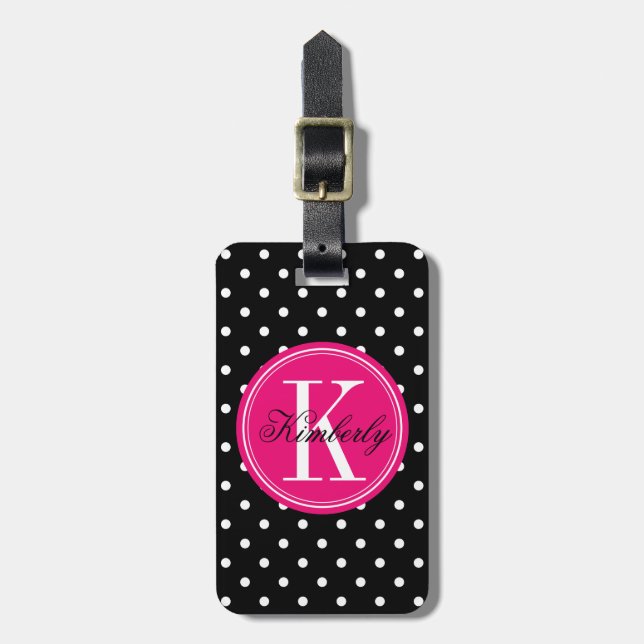 Black Polka Dot with Pink Monogram Luggage Tag (Front Vertical)