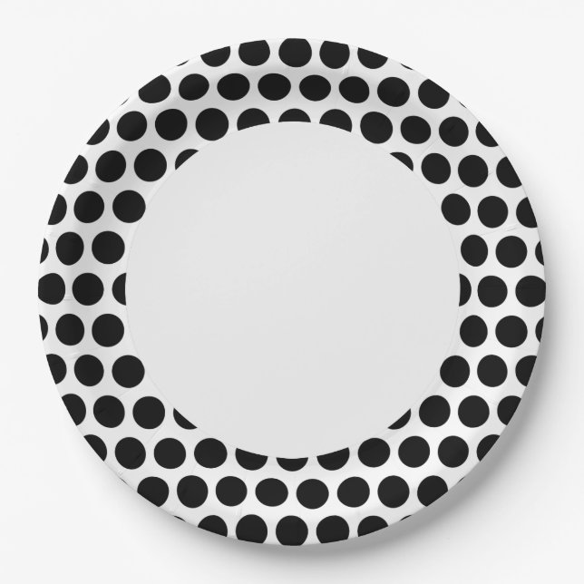 Black Polka Dot with White Circle Paper Plate (Front)