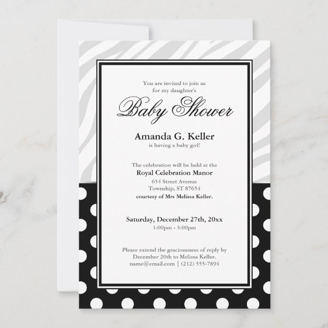 Black Polka Dot Zebra Print Baby Shower Invitation (Front)