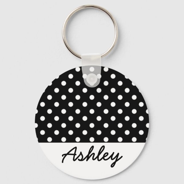 Black Polka Dots Custom Monogram Keychain (Front)