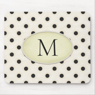 Black Polka Dots Ivory & Pale Yellow Monogrammed Mouse Pad
