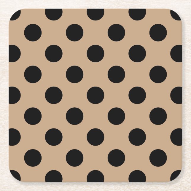Black polka dots on beige square paper coaster (Front)
