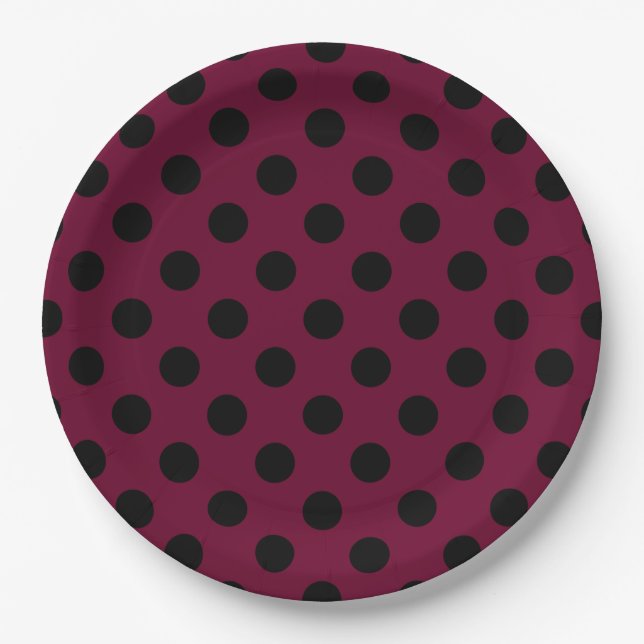 Black polka dots on burgundy paper plate (Front)