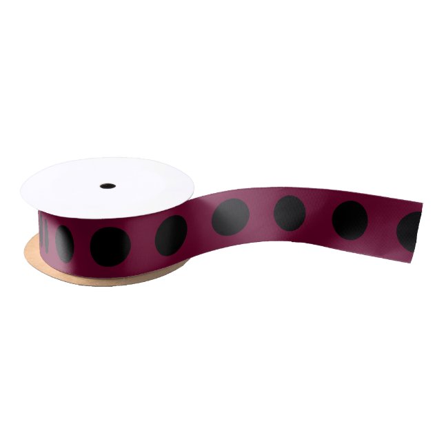 Black polka dots on burgundy satin ribbon (Spool)