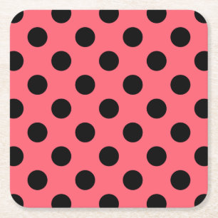 Black polka dots on coral square paper coaster