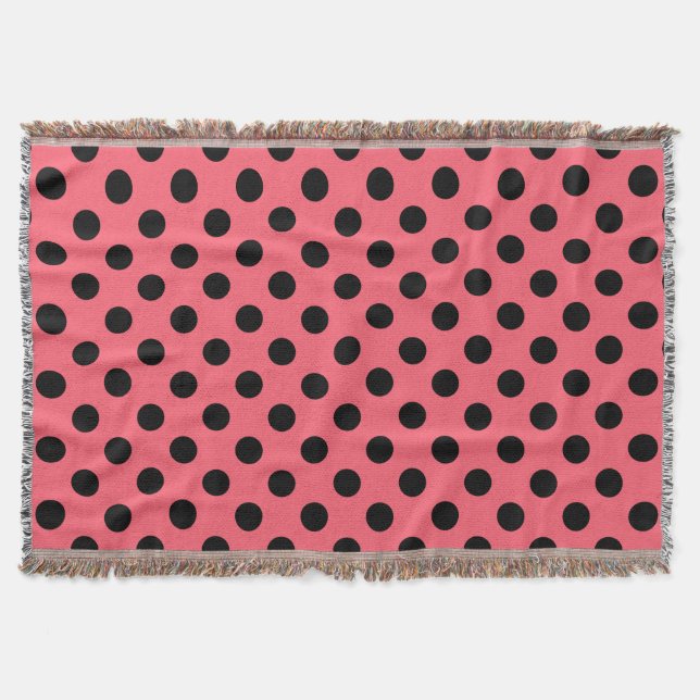 Black polka dots on coral throw blanket (Front)