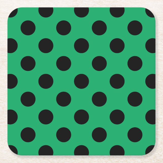Black polka dots on fresh green square paper coaster (Front)