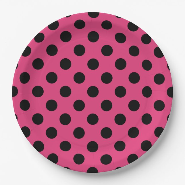 Black polka dots on fuchsia paper plate (Front)