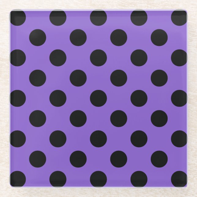 Black polka dots on lavender glass coaster (Front)