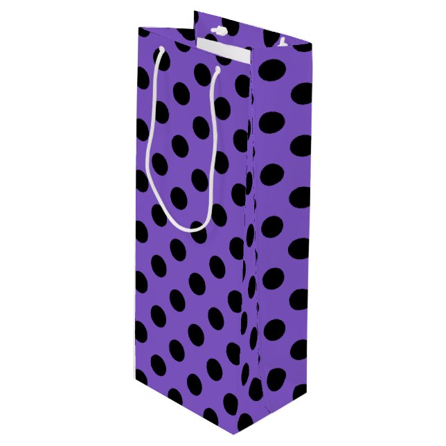 Black polka dots on lavender wine gift bag (Front Angled)