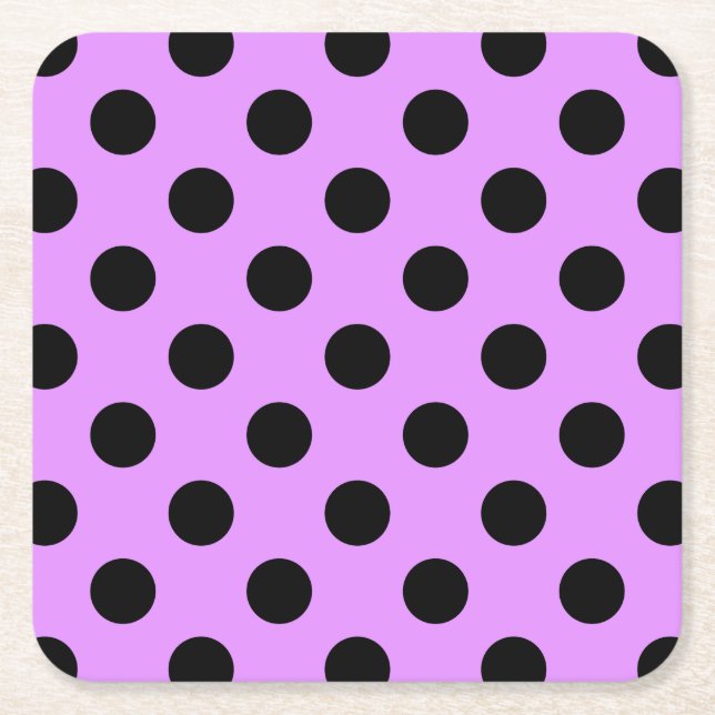 Black polka dots on lilac square paper coaster (Front)