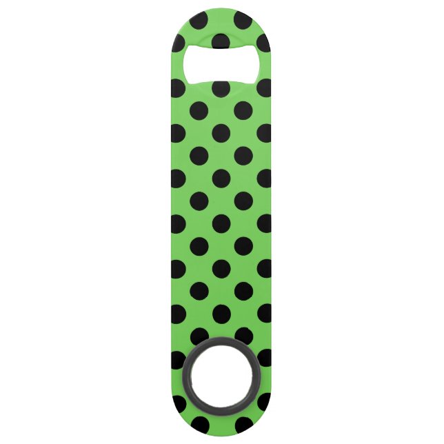 Black polka dots on lime green speed bottle opener (Front)