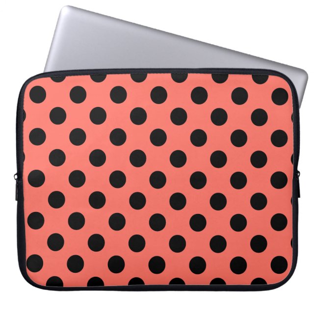 Black polka dots on living coral laptop sleeve (Front)