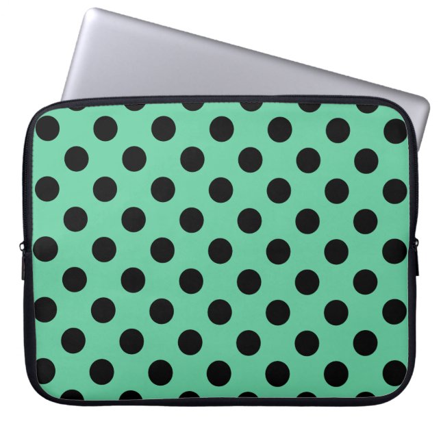 Black polka dots on mint green laptop sleeve (Front)