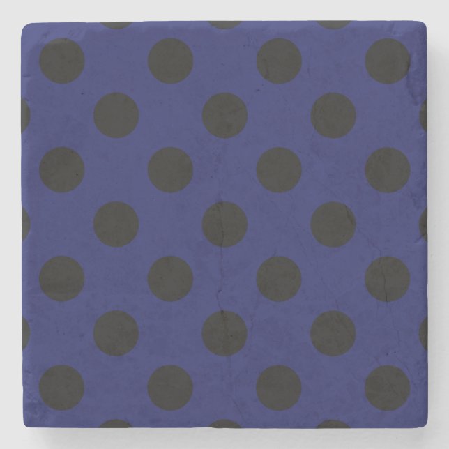Black polka dots on navy blue stone coaster (Front)