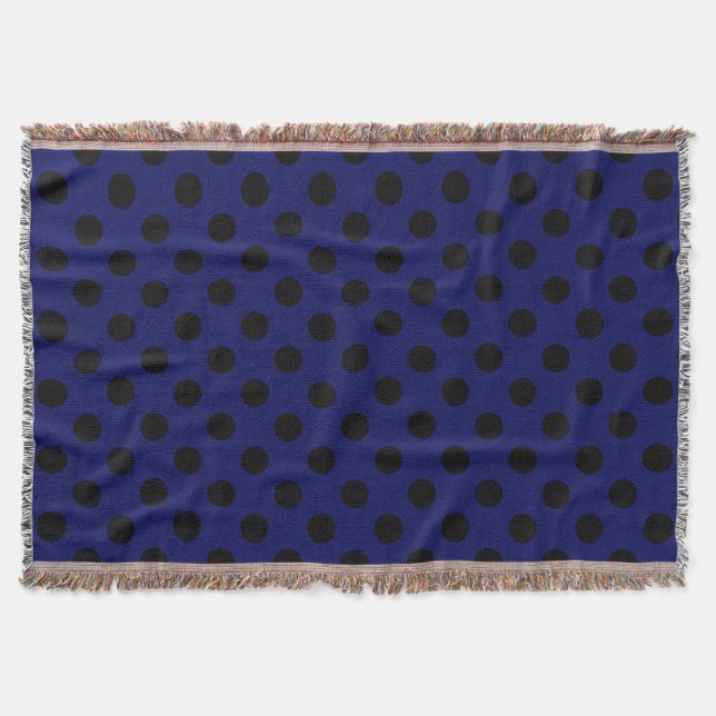Black polka dots on navy blue throw blanket (Front)