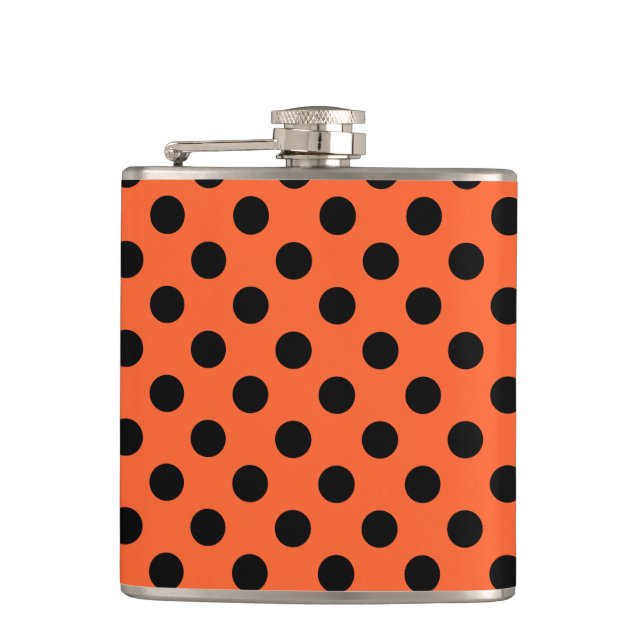 Black polka dots on orange hip flask (Front)