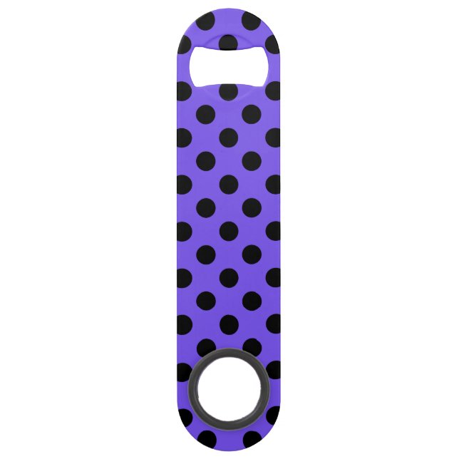 Black polka dots on periwinkle speed bottle opener (Front)